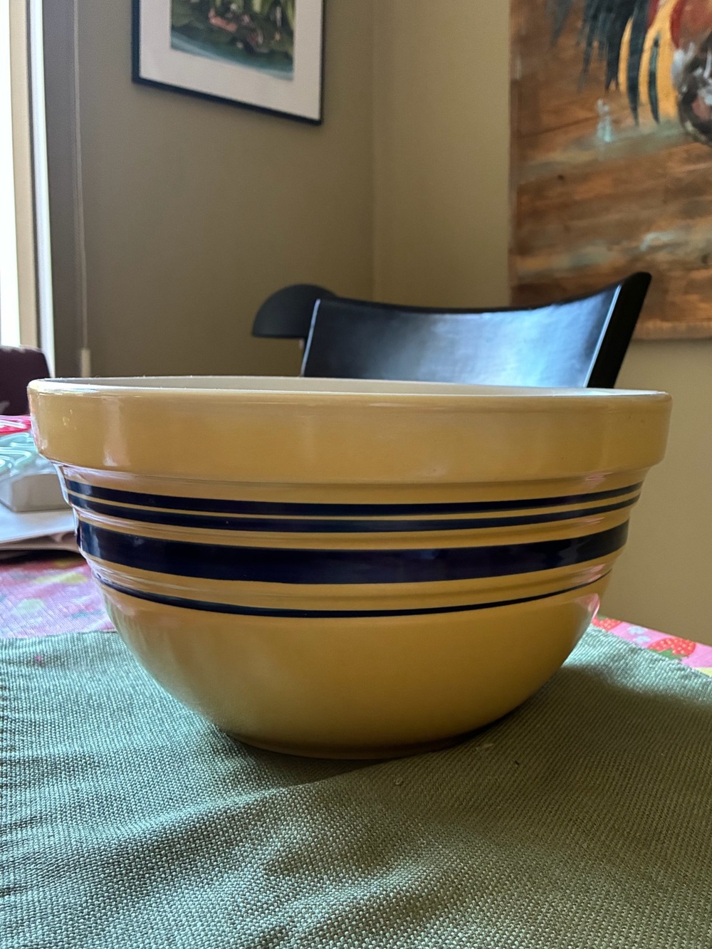 Vintage large farmhouse yellow  Mixing Bowl with Navy Blue Stripes